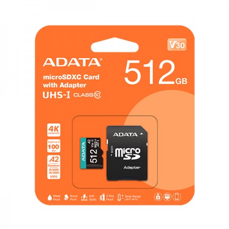 Memoria Micro SD ADATA 512GB Clase10 V30SA compatible para Drones